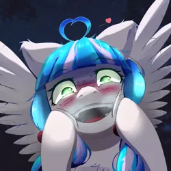 Size: 1800x1800 | Tagged: safe, artist:nihithebrony, derpibooru import, oc, oc:sugar stamp, unofficial characters only, pegasus, pony, background, blue hair, blushing, breathing, cheek squish, crazy face, elements of justice, faic, female, freckles, glow, glowing eyes, green eyes, happy, heart, heart eyes, image, in love, insanity, mailpony, mare, night, outdoors, pegasus oc, pigtails, png, smiling, spread wings, squishy cheeks, turnabout storm, twintails, wingding eyes, wings, yandere