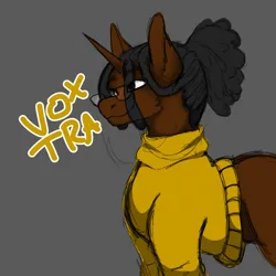 Size: 1000x1000 | Tagged: safe, artist:voxtra, derpibooru import, oc, pony, unicorn, brown, clothes, dreadlocks, glasses, image, locs, missing cutie mark, no cutie marks yet, no gender, persona, png, sfw, smiling, solo, sweater, yellow clothing