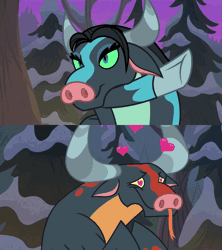Size: 1067x1200 | Tagged: safe, derpibooru import, edit, edited screencap, screencap, queen chrysalis, ophiotaurus, a canterlot wedding, frenemies (episode), animated, bedroom eyes, disguise, disguised changeling, female, gif, heart, heart eyes, image, interspecies, male, shipping, shipping domino, straight, tongue out, wingding eyes
