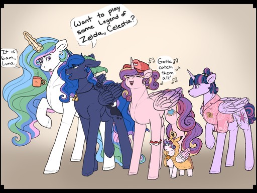 Size: 512x384 | Tagged: safe, artist:binibean, derpibooru import, princess cadance, princess celestia, princess flurry heart, princess luna, twilight sparkle, twilight sparkle (alicorn), alicorn, pikachu, pony, alicorn pentarchy, alternate hairstyle, baby, baby pony, clothes, coffee mug, dialogue, female, filly, foal, image, jewelry, jpeg, levitation, magic, mare, mug, necklace, pokémon, shirt, telekinesis, triforce