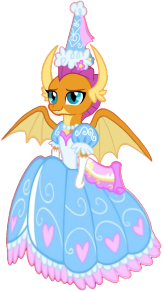 Size: 608x1082 | Tagged: safe, artist:darlycatmake, derpibooru import, smolder, dragon, calm, clothes, cute, dragon wings, dragoness, dress, female, flower, flower in hair, froufrou glittery lacy outfit, gloves, happy, hat, hennin, image, jewelry, lidded eyes, long gloves, necklace, png, princess, princess smolder, relaxed, relaxed face, smiling, smirk, smolderbetes, spread wings, wings