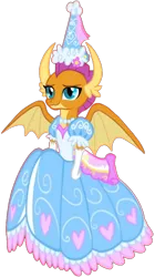 Size: 608x1082 | Tagged: safe, artist:darlycatmake, derpibooru import, smolder, dragon, calm, clothes, cute, dragon wings, dragoness, dress, female, flower, flower in hair, froufrou glittery lacy outfit, gloves, happy, hat, hennin, image, jewelry, lidded eyes, long gloves, necklace, png, princess, princess smolder, relaxed, relaxed face, smiling, smirk, smolderbetes, spread wings, wings