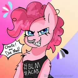 Size: 1640x1639 | Tagged: safe, artist:bluemoon, pinkie pie, earth pony, pony, acab, black lives matter, dialogue, female, image, jpeg, mare, mouthpiece, nose piercing, nose ring, piercing, politics, solo