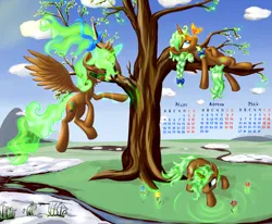 Size: 4000x3300 | Tagged: safe, artist:equie, artist:sapsan, oc, oc:equie, unofficial characters only, alicorn, pony, 2013, alicorn oc, calendar, female, flower, flying, horn, image, mare, multeity, png, snow, spring, tree, wallpaper, wings