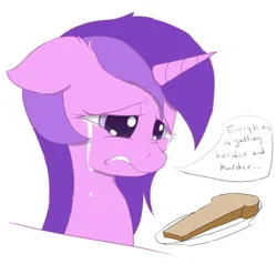 Size: 1198x1141 | Tagged: safe, anonymous artist, amethyst star, pony, unicorn, /mlp/, amethyst yelling, bread, crying, dialogue, drawthread, female, food, image, looking at something, mare, plate, png, simple background, sliced bread, solo, white background