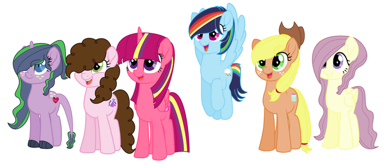 Size: 1280x548 | Tagged: safe, artist:notonlong, derpibooru import, oc, oc:apple butter, oc:flowershy, oc:magic sparkle, oc:party fun, oc:rain cloud, oc:ruby heart, unofficial characters only, dracony, earth pony, hybrid, pegasus, pony, unicorn, base used, female, image, interspecies offspring, magical lesbian spawn, mare, next generation, offspring, parent:applejack, parent:cheese sandwich, parent:fluttershy, parent:marble pie, parent:pinkie pie, parent:rainbow dash, parent:rarity, parent:soarin', parent:spike, parent:twilight sparkle, parents:cheesepie, parents:marbleshy, parents:soarindash, parents:sparity, parents:twijack, png, simple background, white background