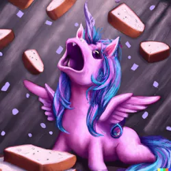 Size: 1024x1024 | Tagged: safe, dall·e mini, machine learning generated, amethyst star, alicorn, pony, amecorn, amethyst yelling, bread, female, food, image, mare, png, race swap, sliced bread, solo, yelling at food