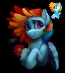 Size: 2098x2382 | Tagged: safe, artist:jewellier, derpibooru import, machine learning generated, rainbow dash, pegasus, pony, black background, flower, image, interpretation, neuredraw, png, redraw, simple background, solo