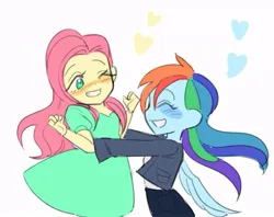 Size: 757x601 | Tagged: safe, artist:thresher_shark_, derpibooru import, fluttershy, rainbow dash, equestria girls, blushing, clothes, dress, eyes closed, female, flutterdash, happy, heart, image, jpeg, lesbian, lifting, shipping, smiling, wings