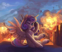 Size: 3600x3000 | Tagged: safe, alternate version, artist:jewellier, derpibooru import, princess flurry heart, alicorn, pony, city, cityscape, cloud, explosion, high res, image, looking at you, oda 1997, oda 997, older, older flurry heart, one eye closed, png, sitting, smoke, solo, spread wings, wings, wink, winking at you