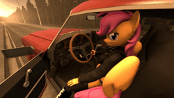 Size: 1920x1080 | Tagged: safe, artist:rainsstudio, derpibooru import, scootaloo, anthro, pegasus, plantigrade anthro, 3d, animated, boots, car, car interior, clothes, female, folded wings, grin, hand on knee, hand on leg, image, jacket, looking at you, nexgen, no sound, older, older scootaloo, road, shoes, shorts, sitting, smiling, socks, solo, solo female, source filmmaker, stockings, thigh highs, webm, wings