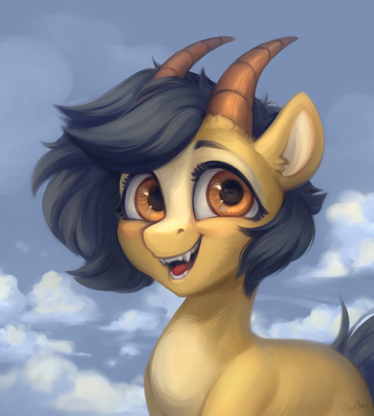 Size: 1800x2000 | Tagged: safe, artist:jewellier, derpibooru import, oc, unofficial characters only, original species, pony, bust, cloud, fangs, happy, horn, image, looking at you, multiple horns, png, portrait, solo