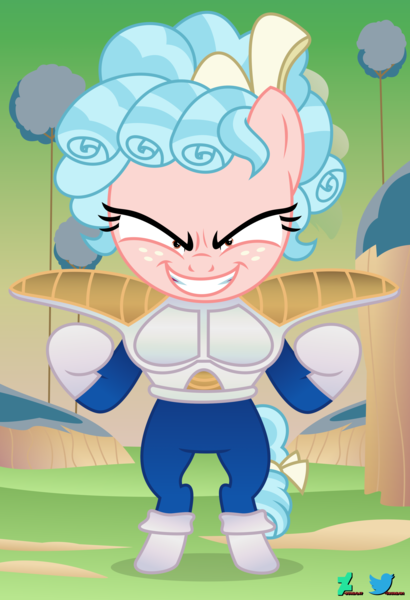 Size: 2600x3802 | Tagged: safe, artist:kuren247, derpibooru import, cozy glow, pegasus, pony, anime, armor, background, bipedal, crossover, dragon ball, dragon ball z, evil grin, female, filly, foal, grin, image, parody, png, reference to another series, saiyan armor, smiling, solo