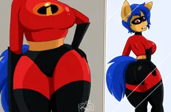 Size: 4277x2809 | Tagged: safe, artist:imaranx, derpibooru import, oc, unofficial characters only, anthro, earth pony, pony, 2 panel comic, butt, clothes, comic, commission, image, mirror, parody, png, skintight clothes, superhero, the incredibles