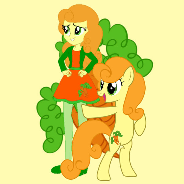 Size: 1280x1280 | Tagged: safe, artist:flameprincess3535, artist:kooner-cz, artist:media1997, derpibooru import, carrot top, golden harvest, earth pony, human, pony, equestria girls, bipedal, equestria girls-ified, female, human ponidox, image, jpeg, mare, self paradox, self ponidox