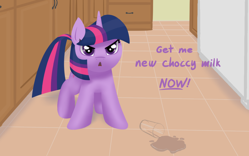 Size: 1127x705 | Tagged: safe, artist:purblehoers, derpibooru import, twilight sparkle, pony, unicorn, angry, chocolate, chocolate milk, cute, exploitable meme, female, filly, foal, food, image, kitchen, looking at you, madorable, mare, meme, milk, png, solo, spill, spilled drink, spilled milk, text, unicorn twilight