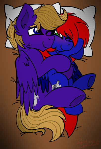 Size: 2181x3208 | Tagged: safe, artist:dinoalpaka, derpibooru import, oc, oc:shrapnel, oc:wing front, pegasus, bed, bedroom, blushing, cuddling, image, pegasus oc, pillow, png, spooning, wholesome, wings