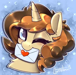 Size: 1090x1078 | Tagged: safe, artist:llametsul, derpibooru import, oc, oc:creme cookie, unofficial characters only, pony, unicorn, colored, cute, female, image, looking at you, mare, mouth hold, one eye closed, png, solo, wink, winking at you