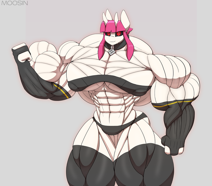 Size: 2401x2106 | Tagged: questionable, artist:mopyr, derpibooru import, oc, oc:fort, unofficial characters only, anthro, original species, anthro oc, biceps, black sclera, buff breasts, clothes, collar, erect nipples, female, fetish, flexing muscles, gloves, horn, image, long gloves, muscle fetish, muscles, muscular female, nipple outline, outfit, overdeveloped muscles, png, socks, solo, solo female, stockings, thigh highs