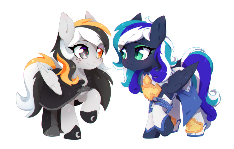 Size: 3923x2500 | Tagged: safe, artist:vallionshad, derpibooru import, oc, oc:flaming dune, oc:storm cloud river's, unofficial characters only, pegasus, pony, blushing, cloak, clothes, cute, dress, duo, duo female, eyeshadow, female, folded wings, freckles, full body, green eyes, heterochromia, image, looking at each other, looking at someone, makeup, mare, multicolored mane, multicolored tail, oc x oc, pegasus oc, png, raised hoof, shipping, shoes, simple background, smiling, smiling at each other, tail, transparent background, wings