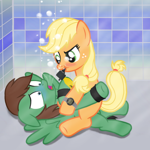 Size: 3000x3000 | Tagged: semi-grimdark, artist:akififi, derpibooru import, applejack, oc, oc:delta hooves, pegasus, pony, air tank, asphyxiation, breathplay, bubble, drowning, duo, image, png, swimming pool