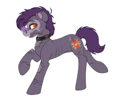 Size: 1624x1404 | Tagged: semi-grimdark, artist:rokosmith26, derpibooru import, oc, oc:boom, unofficial characters only, earth pony, pony, fallout equestria, crazy eyes, image, looking at you, male, png, raider, scar, simple background, slave collar, smiling, stallion, teeth, torn ear, transparent background