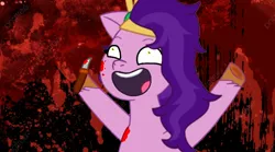 Size: 678x377 | Tagged: grimdark, derpibooru import, edit, edited screencap, screencap, pipp petals, pegasus, pony, my little pony: tell your tale, spoiler:g5, spoiler:my little pony: tell your tale, spoiler:tyts01e13, blood, dumpster diving, female, g5, image, insanity, knife, mare, messy mane, pippamena, png, shrunken pupils, smiling