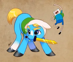 Size: 1024x871 | Tagged: safe, artist:artharuhi, derpibooru import, ponified, earth pony, human, pony, adventure time, backpack, clothes, coat markings, finn the human, image, jpeg, male, mouth hold, stallion, sword, weapon