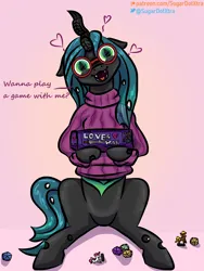 Size: 3120x4160 | Tagged: safe, artist:sugardotxtra, derpibooru import, queen chrysalis, oc, oc:acres, oc:sugar dot, clothes, dice, dork, dorkalis, dungeons and dragons, figurine, glasses, image, open mouth, open smile, pen and paper rpg, png, rpg, sitting, smiling, sweater