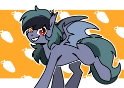 Size: 4093x2894 | Tagged: safe, artist:jellysiek, derpibooru import, oc, oc:scrimmy, unofficial characters only, bat pony, pony, bat pony oc, bat wings, cute, ear fluff, fangs, food, gritted teeth, heterochromia, image, looking at you, male, mango, png, pony oc, simple background, smiling, smiling at you, solo, solo male, spread wings, stallion, teeth, wings