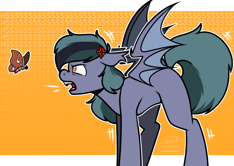 Size: 4093x2894 | Tagged: safe, artist:jellysiek, derpibooru import, oc, oc:scrimmy, unofficial characters only, bat pony, insect, moth, pony, angry, bat pony oc, bat wings, fangs, heterochromia, hissing, image, looking at you, male, png, pony oc, simple background, solo, solo male, spread wings, stallion, teeth, wings