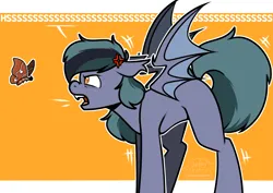 Size: 4093x2894 | Tagged: safe, artist:jellysiek, derpibooru import, oc, oc:scrimmy, unofficial characters only, bat pony, insect, moth, pony, angry, bat pony oc, bat wings, fangs, heterochromia, hissing, image, looking at you, male, png, pony oc, simple background, solo, solo male, spread wings, stallion, teeth, wings