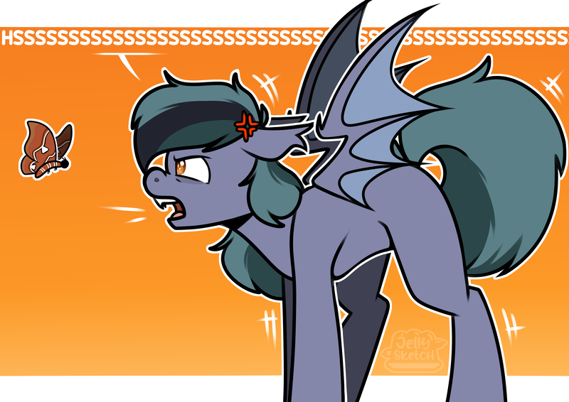Size: 4093x2894 | Tagged: safe, artist:jellysiek, derpibooru import, oc, oc:scrimmy, unofficial characters only, bat pony, insect, moth, pony, angry, bat pony oc, bat wings, fangs, heterochromia, hissing, image, looking at you, male, png, pony oc, simple background, solo, solo male, spread wings, stallion, teeth, wings