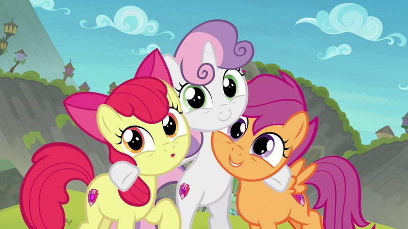 Size: 1280x720 | Tagged: safe, derpibooru import, screencap, apple bloom, scootaloo, sweetie belle, earth pony, pegasus, pony, unicorn, surf and/or turf, :o, adorabloom, bipedal, bipedal leaning, cute, cutealoo, cutie mark crusaders, diasweetes, female, filly, foal, group hug, happy, hnnng, hug, image, leaning, looking at you, mount aris, open mouth, png, raised hoof, smiling, wide eyes