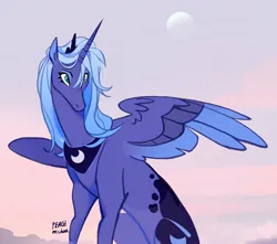 Size: 2332x2062 | Tagged: safe, artist:peachmichea, derpibooru import, princess luna, alicorn, pony, image, jpeg, moon, solo, spread wings, wings