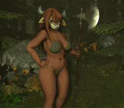 Size: 1235x1076 | Tagged: suggestive, artist:kingdude84, derpibooru import, yona, anthro, yak, 3d, alternate hairstyle, armor, axe, barbarian, bikini, breasts, busty yona, chainmail bikini, clothes, fantasy, female, forest, image, jpeg, solo, solo female, source filmmaker, swimsuit, tree, unconvincing armor, weapon