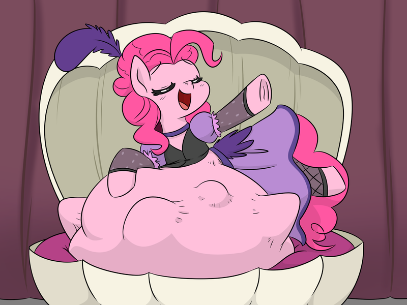 Size: 1400x1050 | Tagged: questionable, artist:dendollae, artist:doomfister, derpibooru import, apple fritter, jonagold, marmalade jalapeno popette, pinkie pie, earth pony, pony, apple family member, belly, belly bumps, big belly, clothes, dress, eyes closed, female, frog (hoof), huge belly, image, impossibly large belly, mare, open mouth, open smile, outstretched hoof, png, saloon dress, saloon pinkie, smiling, story in the source, underhoof, vore