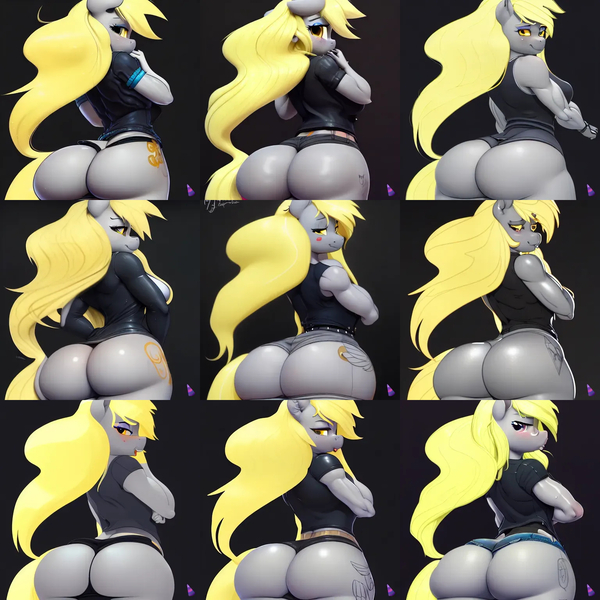 Size: 1536x1536 | Tagged: questionable, derpibooru import, machine learning generated, stable diffusion, derpy hooves, anthro, pegasus, artificial intelligence, ass, back, big breasts, bottomless, breasts, bubble butt, butt, clothes, collage, female, image, jpeg, large butt, lips, looking at you, looking back, looking back at you, no pants, nudity, partial nudity, sexy, simple background, smiling, solo, solo female, tail, the ass was fat, tongue out, wide hips