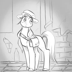 Size: 1000x1000 | Tagged: safe, artist:broom, derpibooru import, sunny starscout, bag, black and white, brick wall, cobblestone street, full body, g5, grayscale, hat, image, monochrome, png, solo