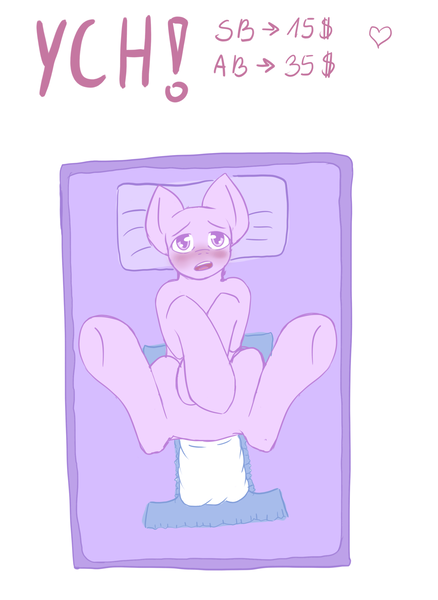 Size: 2048x2807 | Tagged: questionable, artist:mermaidkuki, derpibooru import, blushing, changing mat, commission, diaper, diaper change, diaper fetish, embarrassed, fetish, image, looking at you, lying down, on back, png, poofy diaper, simple background, solo, spread legs, spreading, ych example, ych sketch, your character here