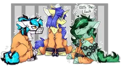 Size: 2773x1525 | Tagged: safe, artist:heart-sketch, artist:heartsketch1, derpibooru import, oc, oc:eden shallowleaf, oc:flawless ice, oc:logical leap, pegasus, unicorn, amputee, bound wings, clothes, cuffed, glasses, grumpy, horn, image, muzzle, pegasus oc, png, prison outfit, prisoner, prosthetic limb, prosthetics, robotic legs, sad, unicorn oc, wings