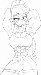 Size: 1588x2912 | Tagged: suggestive, artist:baigak, derpibooru import, applejack, human, equestria girls, abs, applejacked, arm behind head, armpits, belly button, biceps, big breasts, black and white, breasts, busty applejack, female, grayscale, image, lidded eyes, looking at you, midriff, monochrome, muscles, muscular female, png, simple background, solo, solo female, white background