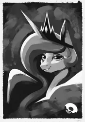 Size: 2100x3000 | Tagged: safe, artist:poxy_boxy, derpibooru import, princess celestia, alicorn, pony, black and white, bust, crown, eyebrows, female, grayscale, grin, high res, image, jewelry, jpeg, mare, monochrome, regalia, signature, smiling, solo