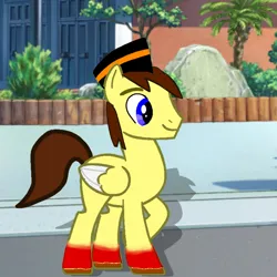 Size: 768x768 | Tagged: safe, artist:mazakbar567, derpibooru import, oc, oc:bouraq, unofficial characters only, pegasus, pony, blue eyes, brown hair, cap, hat, image, male, male pegasus, png, red shoes, shadow, smiling, solo, street, walking, walking away