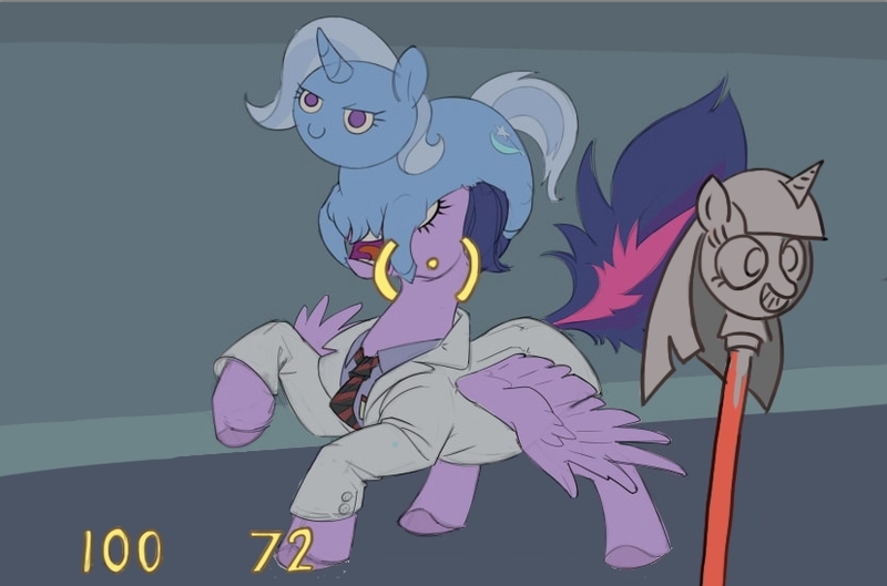 Size: 828x547 | Tagged: safe, artist:adeptus-monitus, artist:gor1ck, derpibooru import, edit, trixie, twilight sparkle, alicorn, pony, unicorn, duo, half-life, headcrab, hud, image, jpeg, open mouth, raised hoof, scepter, scientist, screaming, smiling, smirk, twilight scepter, wide eyes