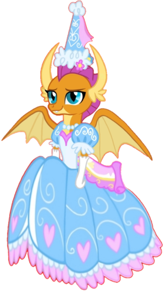 Size: 612x1083 | Tagged: safe, alternate version, artist:darlycatmake, derpibooru import, smolder, dragon, calm, clothes, cute, dragon wings, dragoness, dress, female, flower, flower in hair, froufrou glittery lacy outfit, gloves, happy, hat, hennin, image, jewelry, lidded eyes, long gloves, necklace, png, princess, princess smolder, relaxed, relaxed face, simple background, smiling, smirk, smolderbetes, solo, transparent background, wings