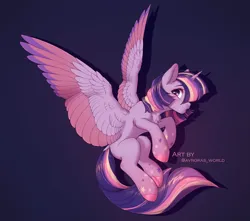 Size: 3000x2650 | Tagged: safe, artist:avroras_world, derpibooru import, twilight sparkle, twilight sparkle (alicorn), alicorn, pony, colored wings, female, image, long tail, looking away, mare, multicolored hair, multicolored wings, png, rainbow power, short mane, simple background, solo, tail, wings
