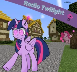 Size: 1550x1440 | Tagged: safe, artist:lebatoman, twilight sparkle, twilight sparkle (alicorn), alicorn, earth pony, pony, :3, antenna, comic cover, cutie mark, duo, duo female, earpiece, eyes closed, female, giggling, hoof over mouth, horn, image, looking forward, mare, mind control, minecraft, multicolored mane, multicolored tail, pink coat, pink eyes, pink mane, png, purple coat, raised hoof, signature, swirly eyes, text, walkie talkie, walking, walking away, wings