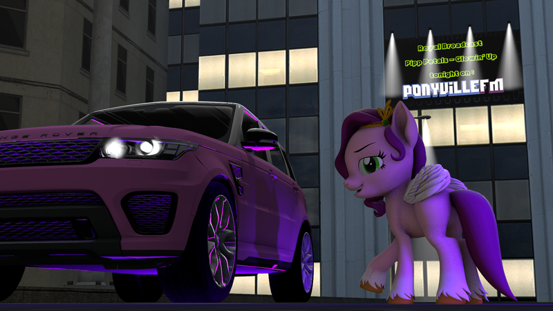 Size: 1920x1080 | Tagged: safe, artist:drixale, derpibooru import, pipp petals, pegasus, pony, 3d, billboard, female, g5, image, land rover, land rover range rover sport, mare, png, ponyvillefm, princess pipp, source filmmaker, suv