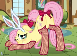 Size: 2332x1676 | Tagged: suggestive, alternate version, artist:fluttershyfann80085, banned from derpibooru, deleted from derpibooru, derpibooru import, ponybooru import, fluttershy, pegasus, pony, adorasexy, blushing, bunny ears, butt, clothes, cute, delicious flat crotch, dog pose, featureless crotch, female, fishnets, flutterbutt, image, nudity, plot, png, ponytail, sexy, show accurate, show accurate porn, socks, solo, stockings, thigh highs